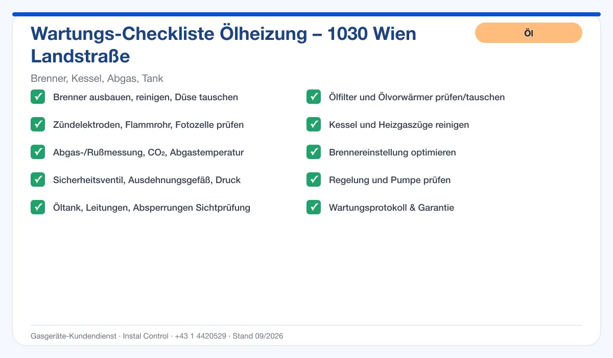 Infografik Ölheizung Wartung 1030 Wien Landstraße: Wartungs-Checkliste Ölheizung mit 10 Punkten