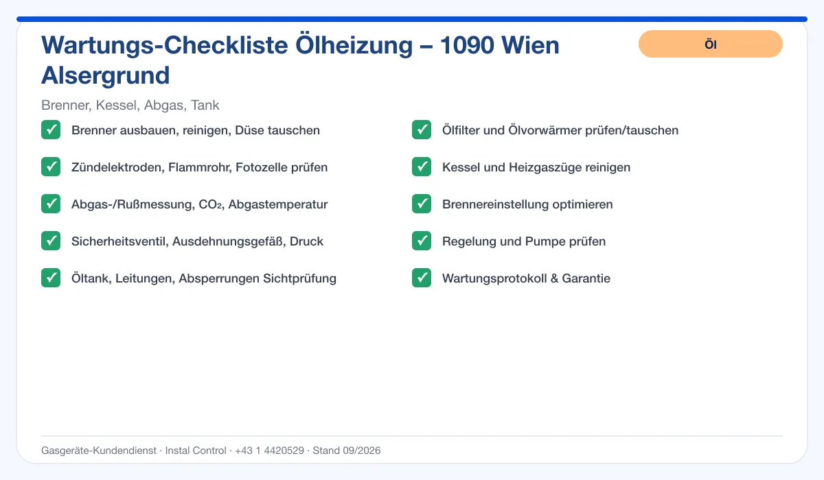 Infografik Ölheizung Wartung 1090 Wien Alsergrund: Wartungs-Checkliste Ölheizung mit 10 Punkten