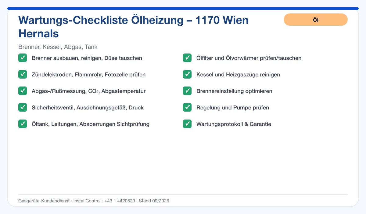 Infografik Ölheizung Wartung 1170 Wien Hernals: Wartungs-Checkliste Ölheizung mit 10 Punkten