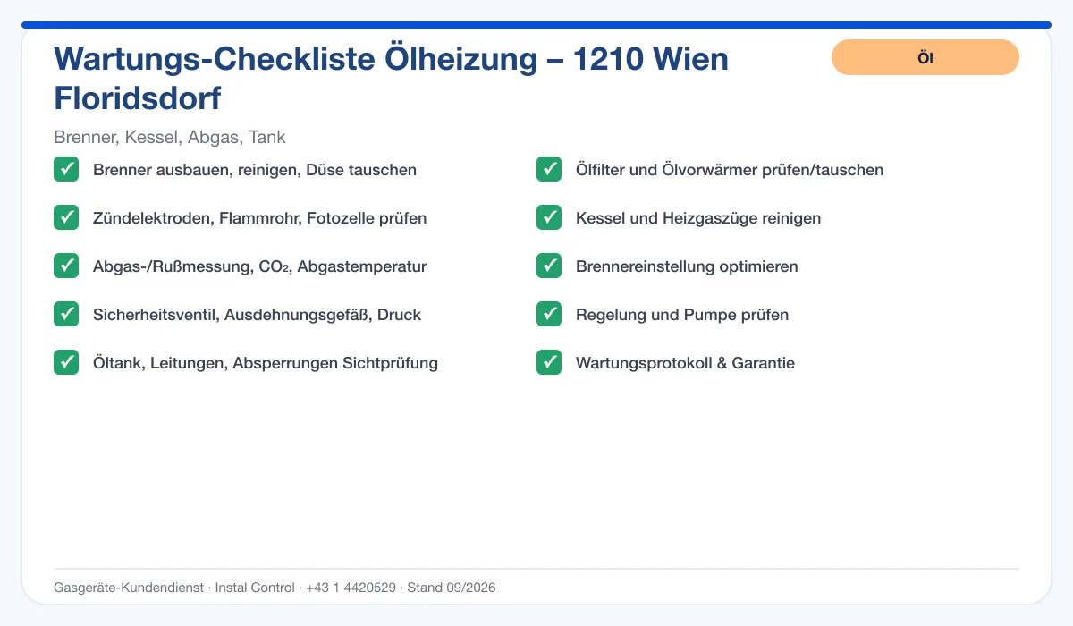 Infografik Ölheizung Wartung 1210 Wien Floridsdorf: Wartungs-Checkliste Ölheizung mit 10 Punkten