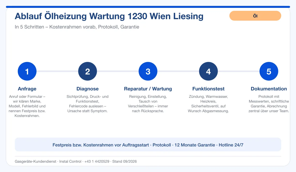 Infografik Ablauf Ölheizung Wartung 1230 Wien Liesing: Anfrage, Diagnose, Service, Funktionstest, Protokoll