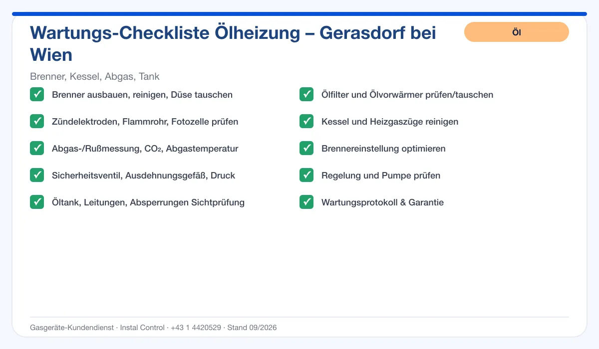 Infografik Ölheizung Wartung Gerasdorf bei Wien: Wartungs-Checkliste Ölheizung mit 10 Punkten