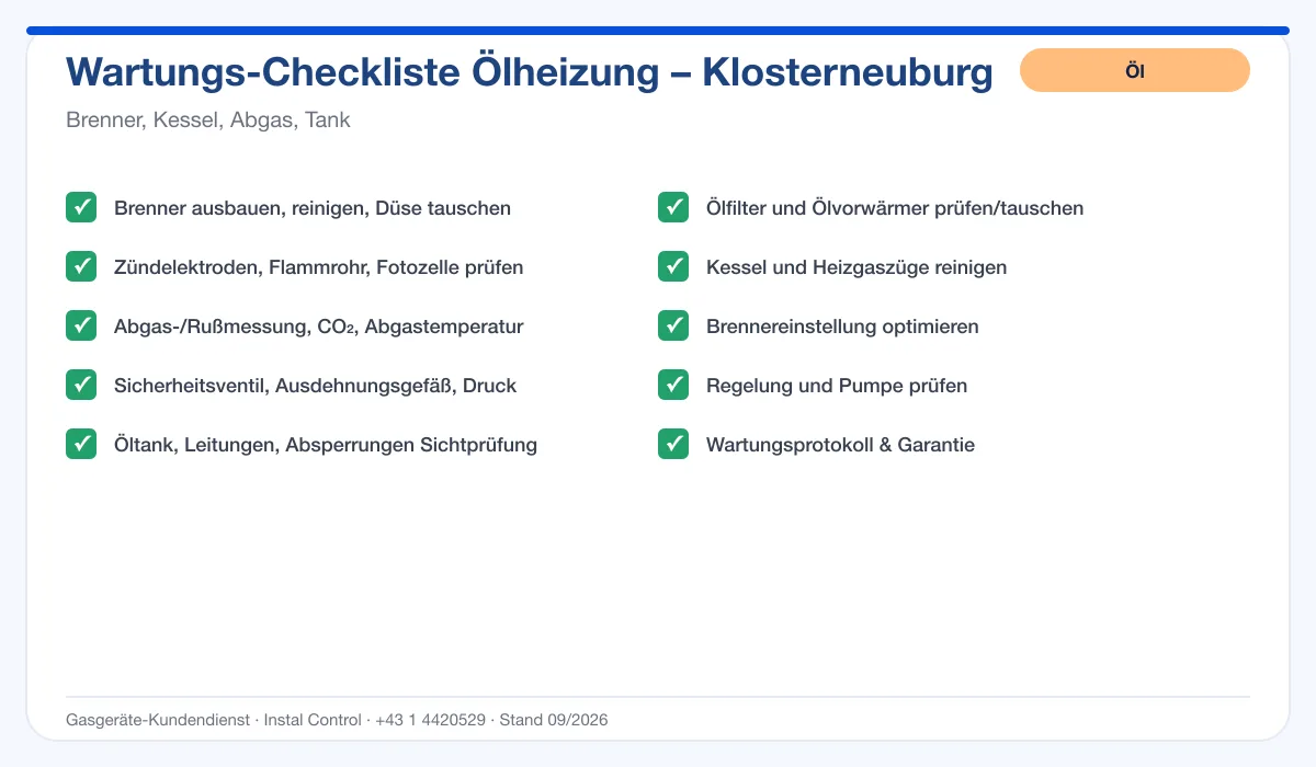 Infografik Ölheizung Wartung Klosterneuburg: Wartungs-Checkliste Ölheizung mit 10 Punkten