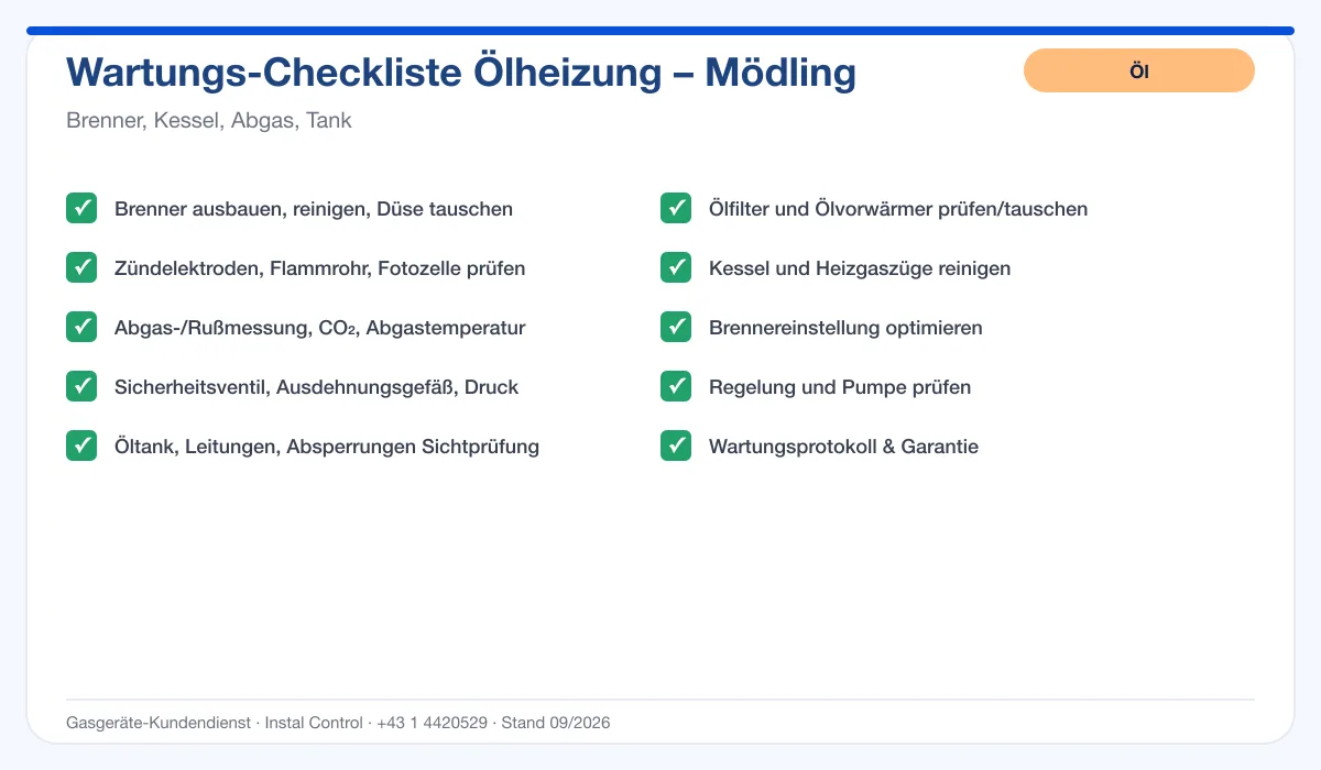 Infografik Ölheizung Wartung Mödling: Wartungs-Checkliste Ölheizung mit 10 Punkten