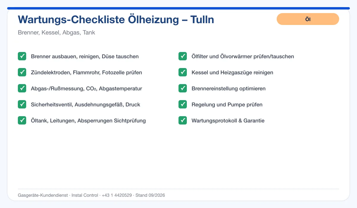 Infografik Ölheizung Wartung Tulln: Wartungs-Checkliste Ölheizung mit 10 Punkten