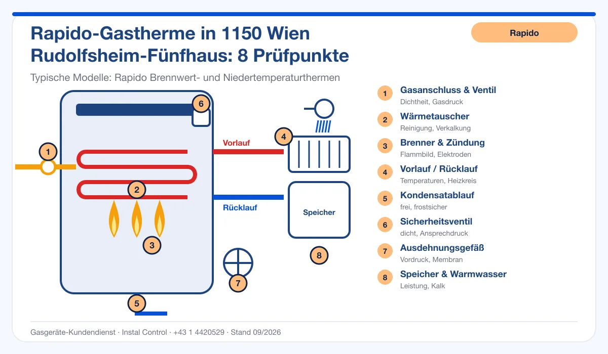 Infografik Rapido Kundendienst 1150 Wien Rudolfsheim-Fünfhaus: Aufbau einer Rapido-Gastherme mit 8 Prüfpunkten
