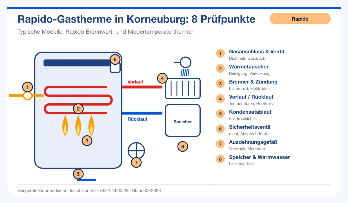Infografik Rapido Thermenreparatur Korneuburg: Aufbau einer Rapido-Gastherme mit 8 Prüfpunkten