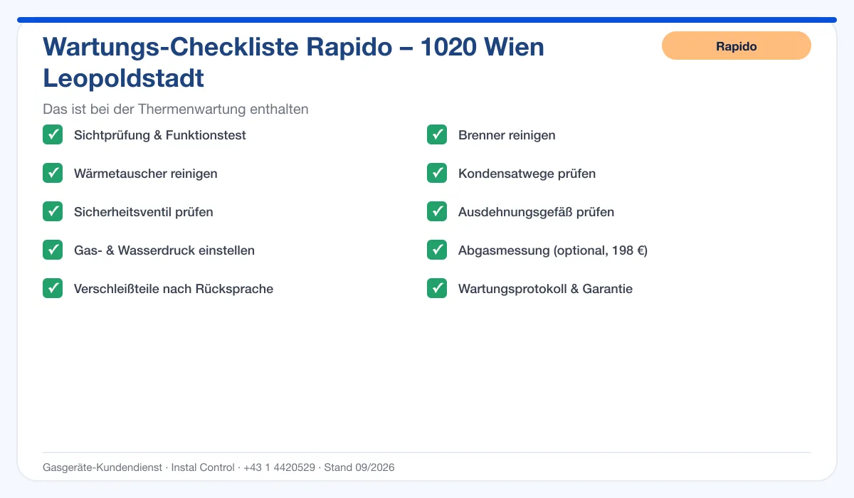 Infografik Rapido Thermenwartung 1020 Wien Leopoldstadt: Wartungs-Checkliste mit 10 enthaltenen Leistungen
