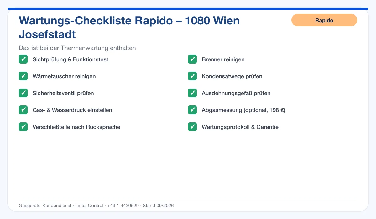 Infografik Rapido Thermenwartung 1080 Wien Josefstadt: Wartungs-Checkliste mit 10 enthaltenen Leistungen