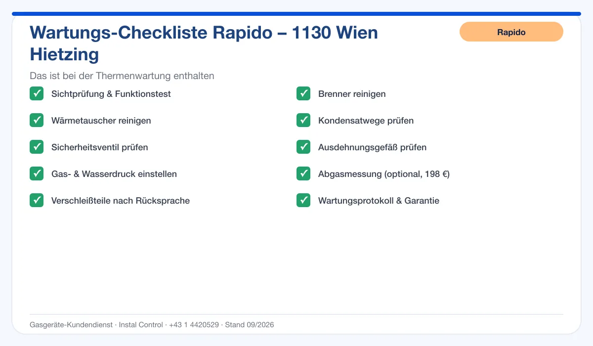 Infografik Rapido Thermenwartung 1130 Wien Hietzing: Wartungs-Checkliste mit 10 enthaltenen Leistungen