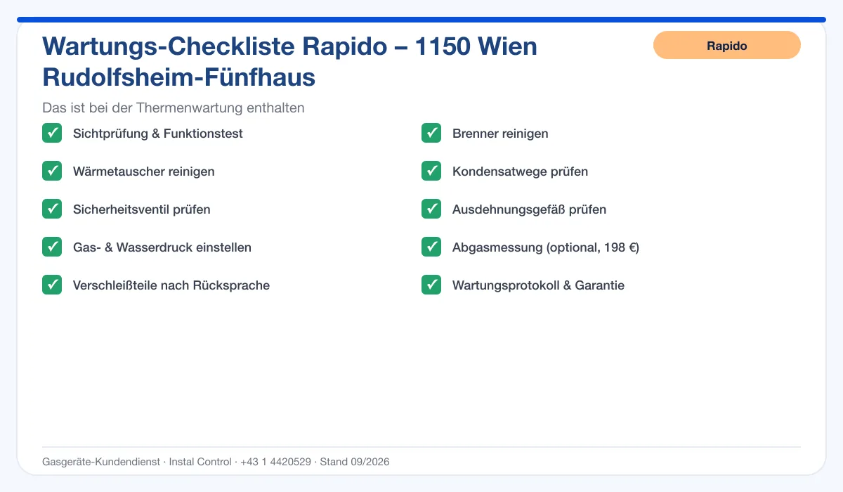 Infografik Rapido Thermenwartung 1150 Wien Rudolfsheim-Fünfhaus: Wartungs-Checkliste mit 10 enthaltenen Leistungen