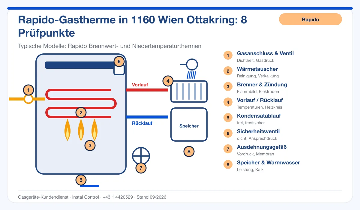 Infografik Rapido Thermenwartung 1160 Wien Ottakring: Aufbau einer Rapido-Gastherme mit 8 Prüfpunkten