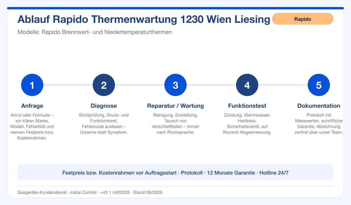 Infografik Ablauf Rapido Thermenwartung 1230 Wien Liesing: Anfrage, Diagnose, Service, Funktionstest, Protokoll