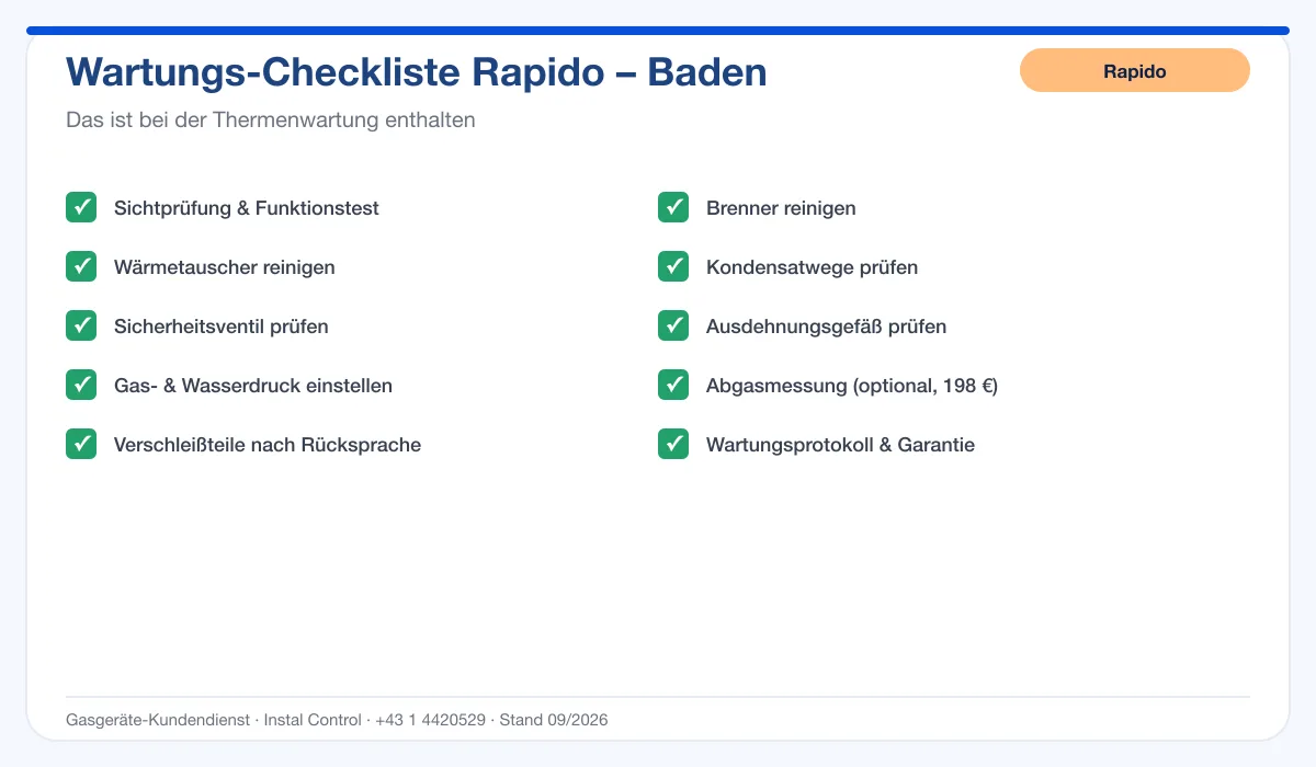 Infografik Rapido Thermenwartung Baden: Wartungs-Checkliste mit 10 enthaltenen Leistungen