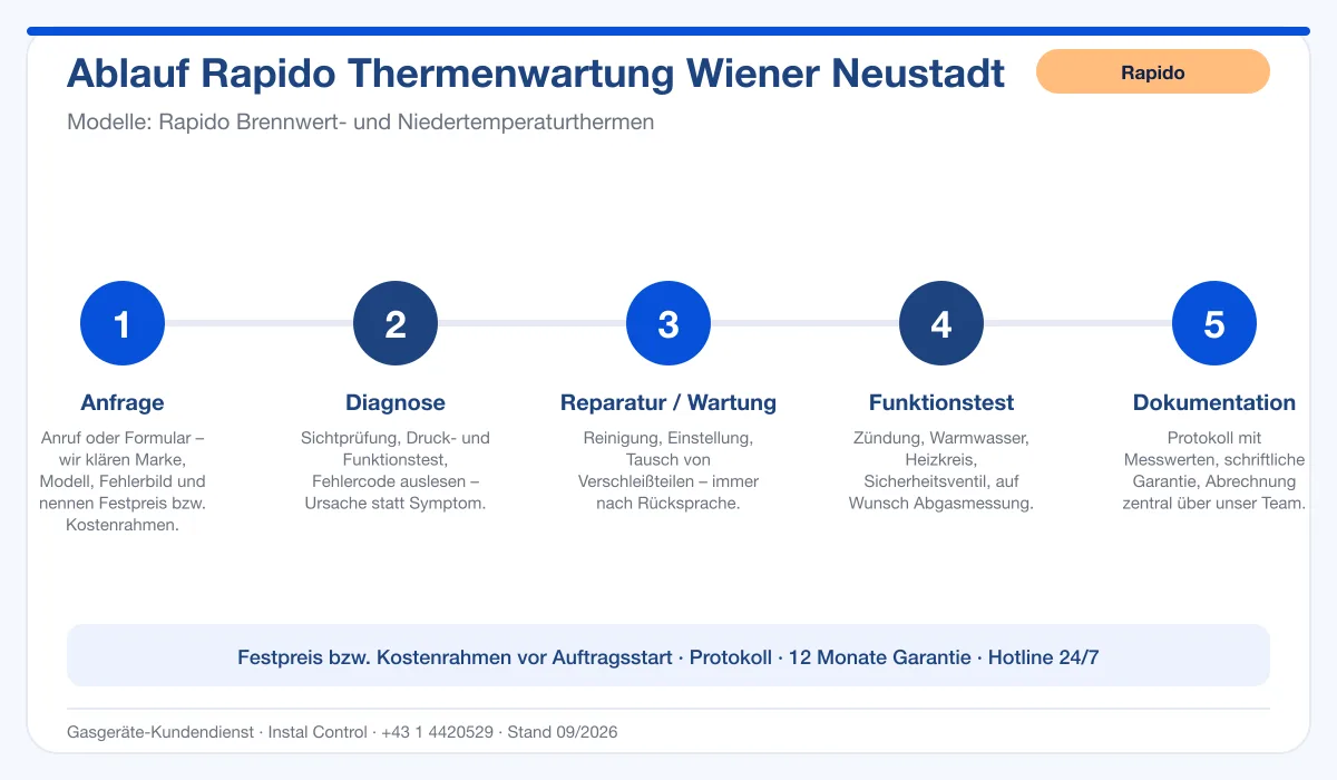 Infografik Ablauf Rapido Thermenwartung Wiener Neustadt: Anfrage, Diagnose, Service, Funktionstest, Protokoll