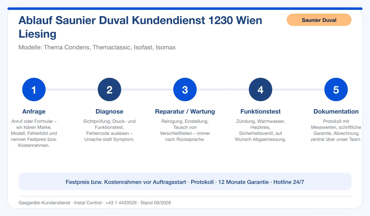 Infografik Ablauf Saunier Duval Kundendienst 1230 Wien Liesing: Anfrage, Diagnose, Service, Funktionstest, Protokoll