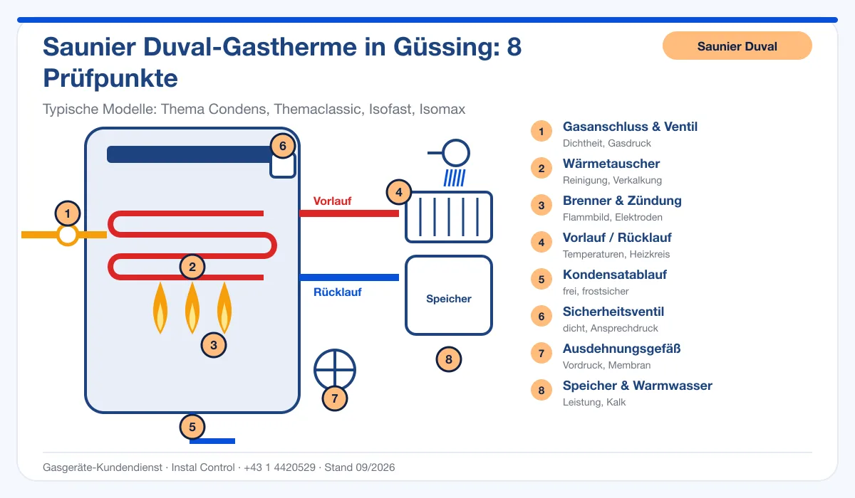 Infografik Saunier Duval Kundendienst Güssing: Aufbau einer Saunier Duval-Gastherme mit 8 Prüfpunkten
