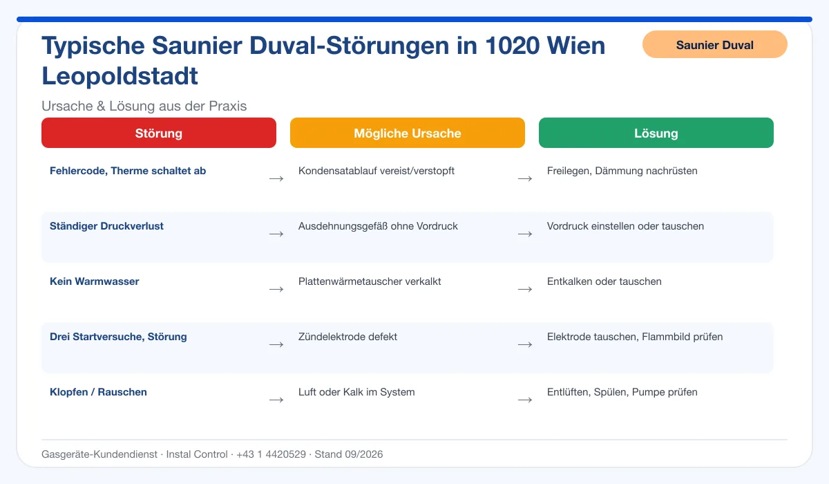 Infografik Saunier Duval Thermenreparatur 1020 Wien Leopoldstadt: typische Störungen, Ursachen und Lösungen