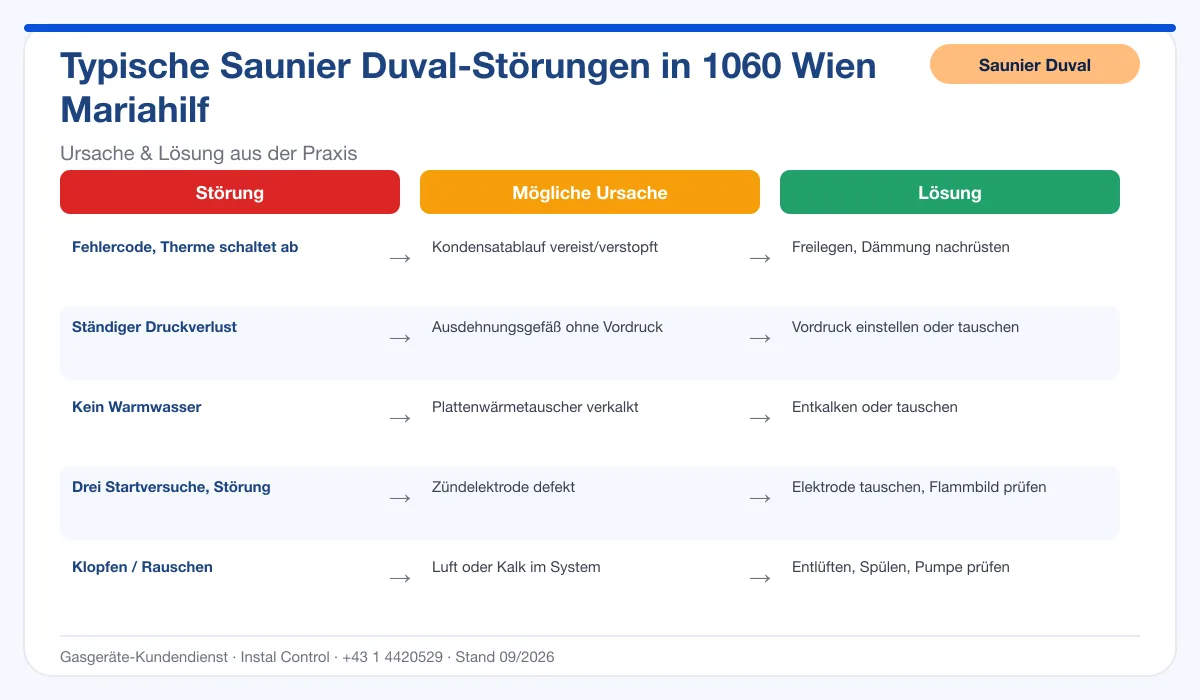 Infografik Saunier Duval Thermenreparatur 1060 Wien Mariahilf: typische Störungen, Ursachen und Lösungen