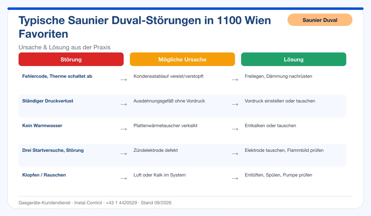 Infografik Saunier Duval Thermenreparatur 1100 Wien Favoriten: typische Störungen, Ursachen und Lösungen