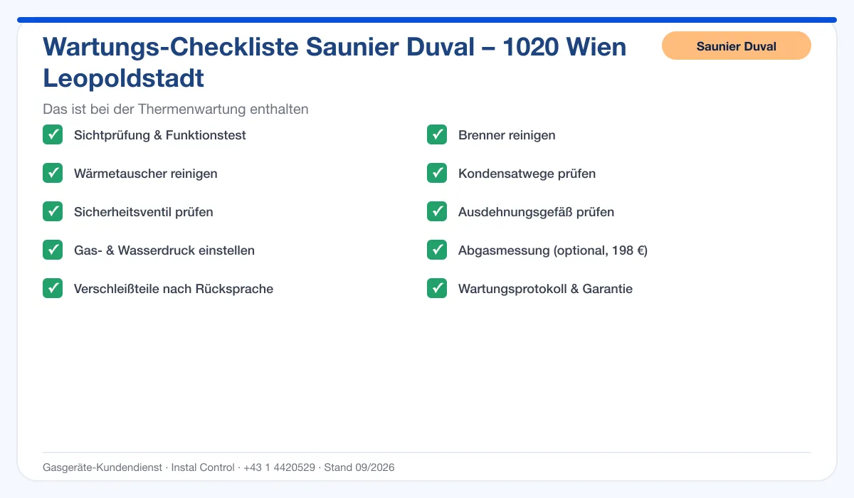 Infografik Saunier Duval Thermenwartung 1020 Wien Leopoldstadt: Wartungs-Checkliste mit 10 enthaltenen Leistungen