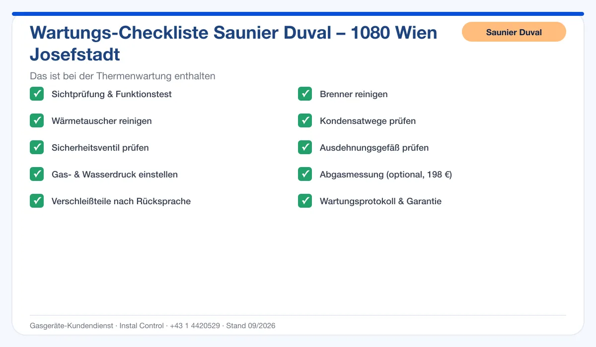 Infografik Saunier Duval Thermenwartung 1080 Wien Josefstadt: Wartungs-Checkliste mit 10 enthaltenen Leistungen