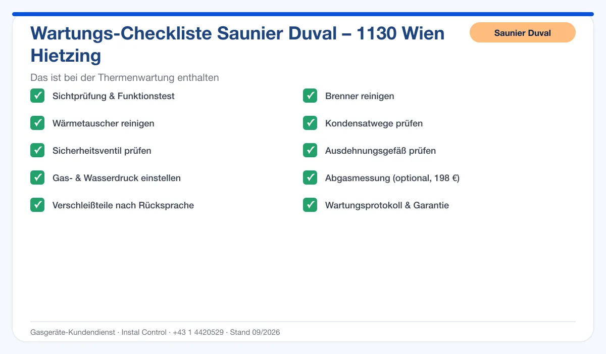 Infografik Saunier Duval Thermenwartung 1130 Wien Hietzing: Wartungs-Checkliste mit 10 enthaltenen Leistungen