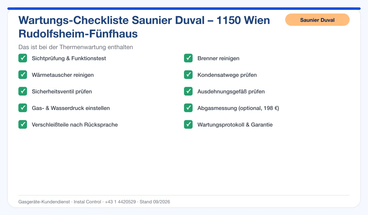 Infografik Saunier Duval Thermenwartung 1150 Wien Rudolfsheim-Fünfhaus: Wartungs-Checkliste mit 10 enthaltenen Leistungen