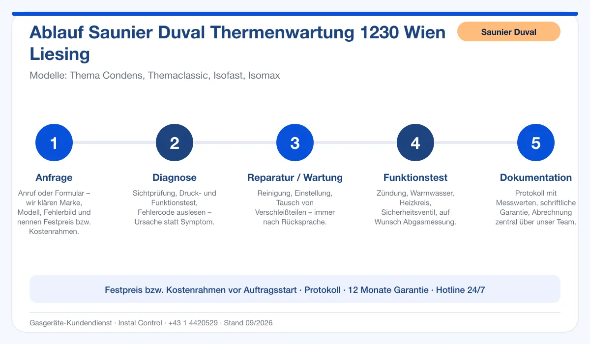 Infografik Ablauf Saunier Duval Thermenwartung 1230 Wien Liesing: Anfrage, Diagnose, Service, Funktionstest, Protokoll