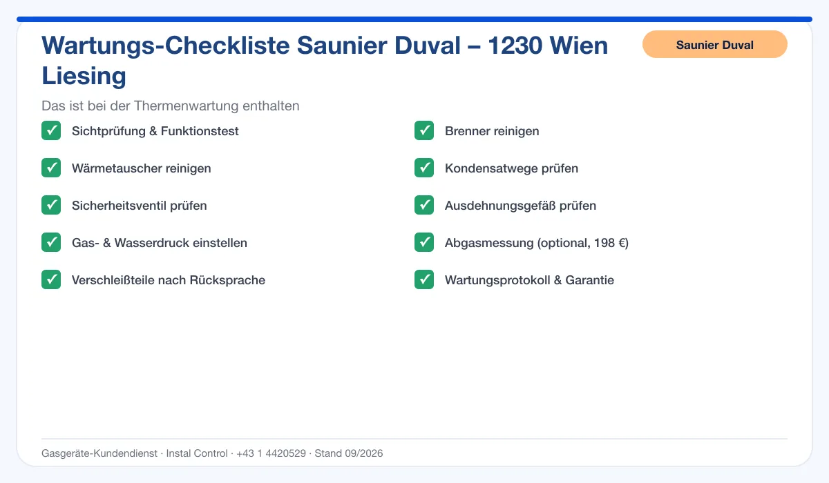 Infografik Saunier Duval Thermenwartung 1230 Wien Liesing: Wartungs-Checkliste mit 10 enthaltenen Leistungen