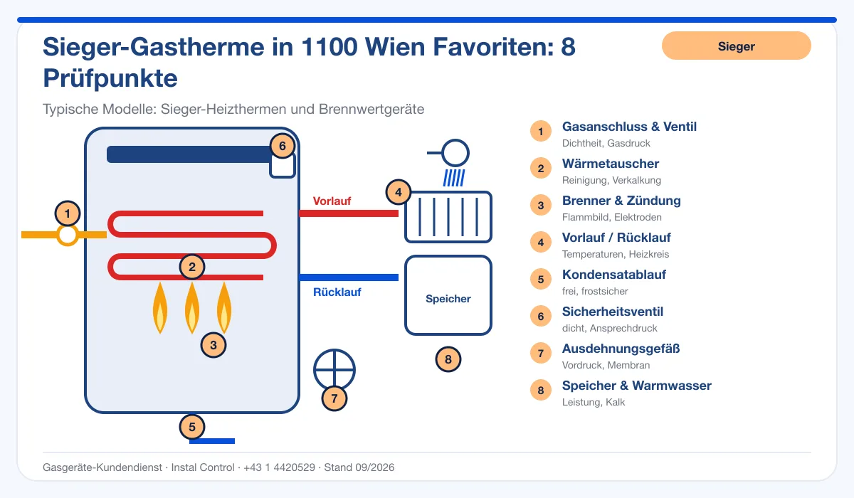 Infografik Sieger Kundendienst 1100 Wien Favoriten: Aufbau einer Sieger-Gastherme mit 8 Prüfpunkten