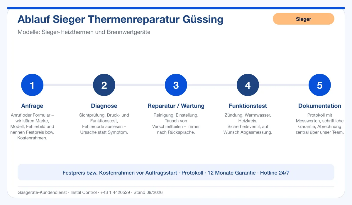 Infografik Ablauf Sieger Thermenreparatur Güssing: Anfrage, Diagnose, Service, Funktionstest, Protokoll