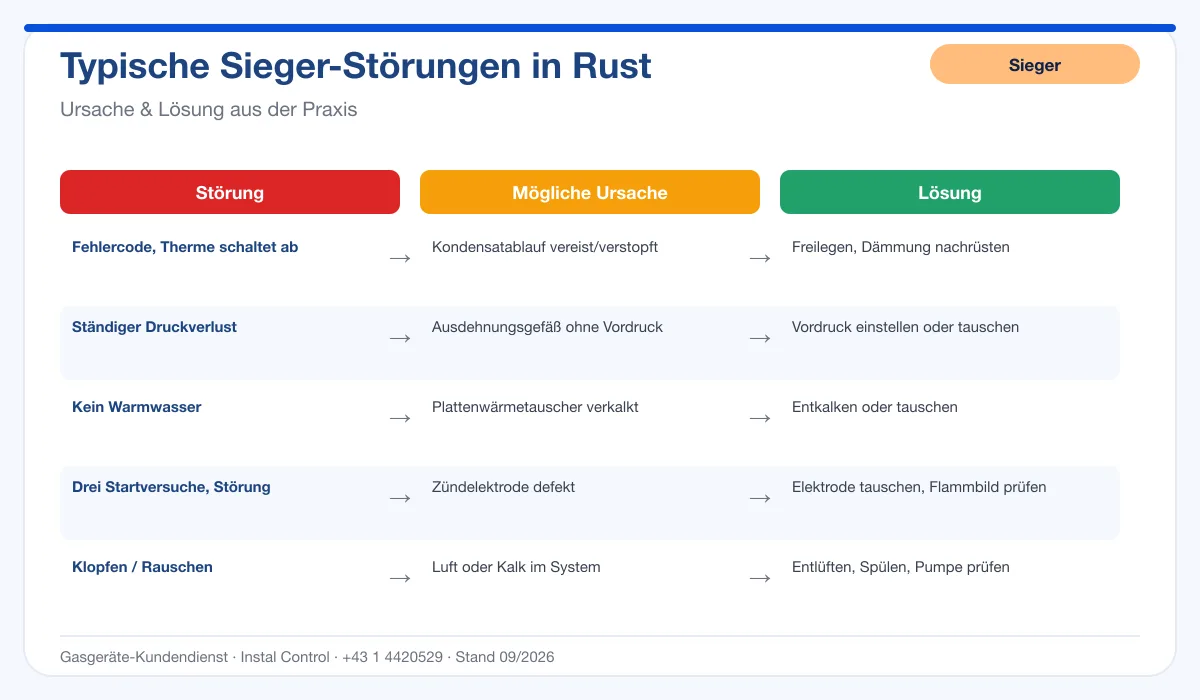 Infografik Sieger Thermenreparatur Rust: typische Störungen, Ursachen und Lösungen