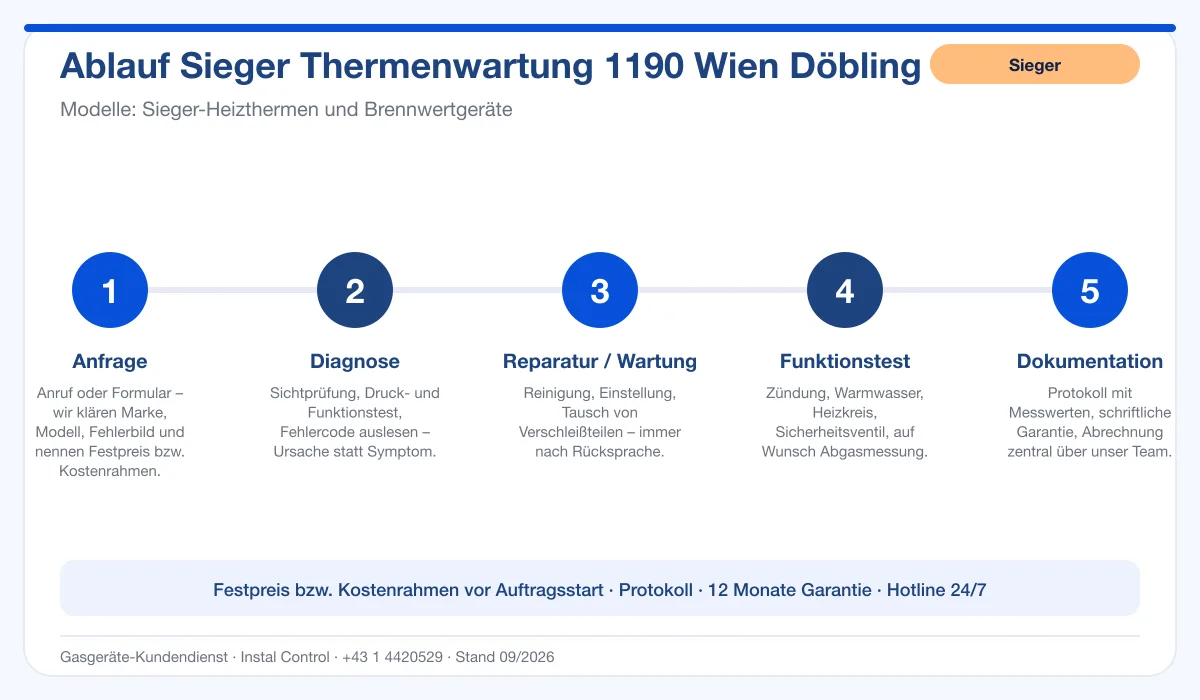 Infografik Ablauf Sieger Thermenwartung 1190 Wien Döbling: Anfrage, Diagnose, Service, Funktionstest, Protokoll