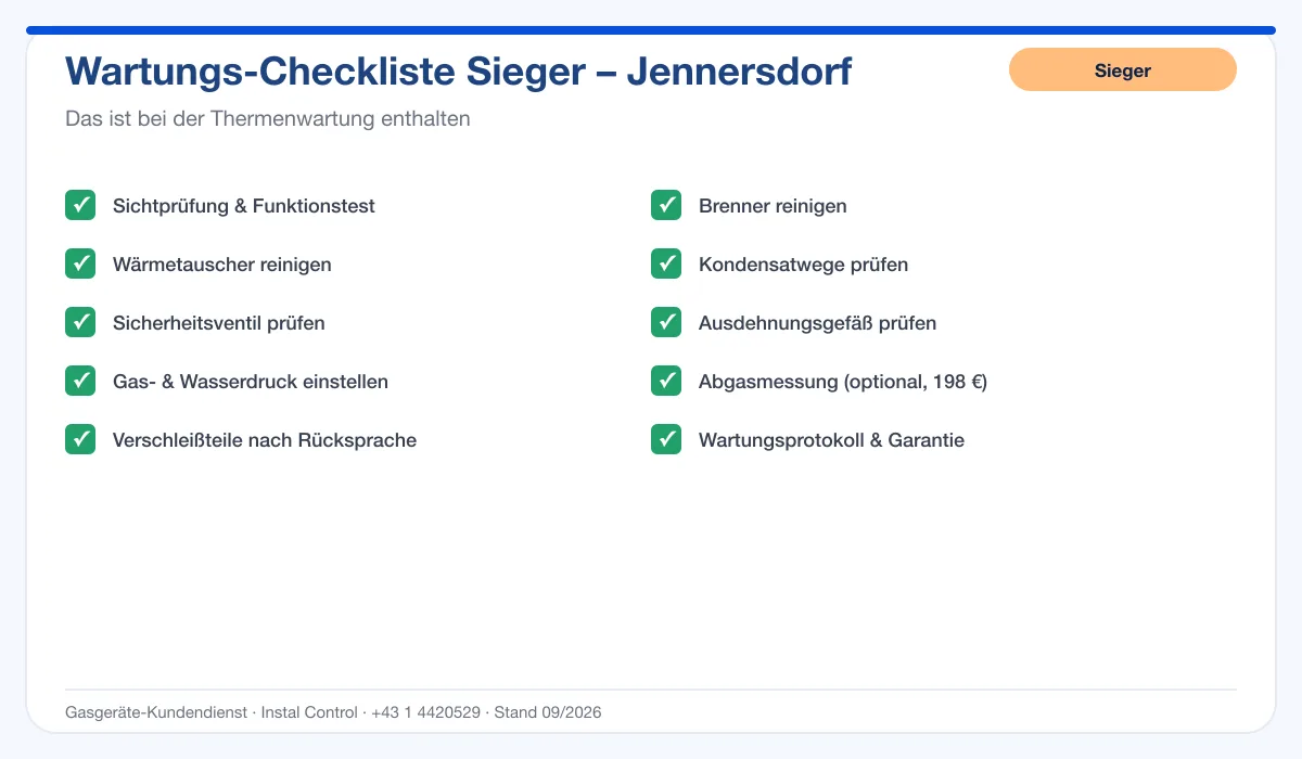 Infografik Sieger Thermenwartung Jennersdorf: Wartungs-Checkliste mit 10 enthaltenen Leistungen