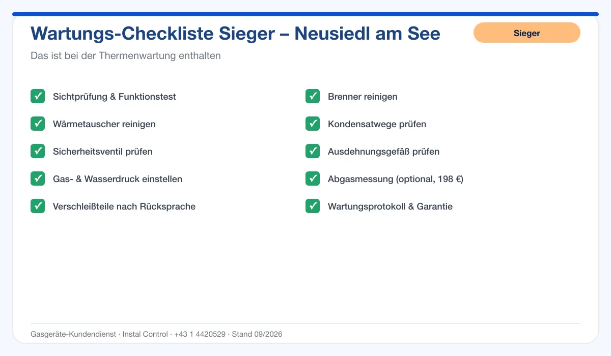 Infografik Sieger Thermenwartung Neusiedl am See: Wartungs-Checkliste mit 10 enthaltenen Leistungen