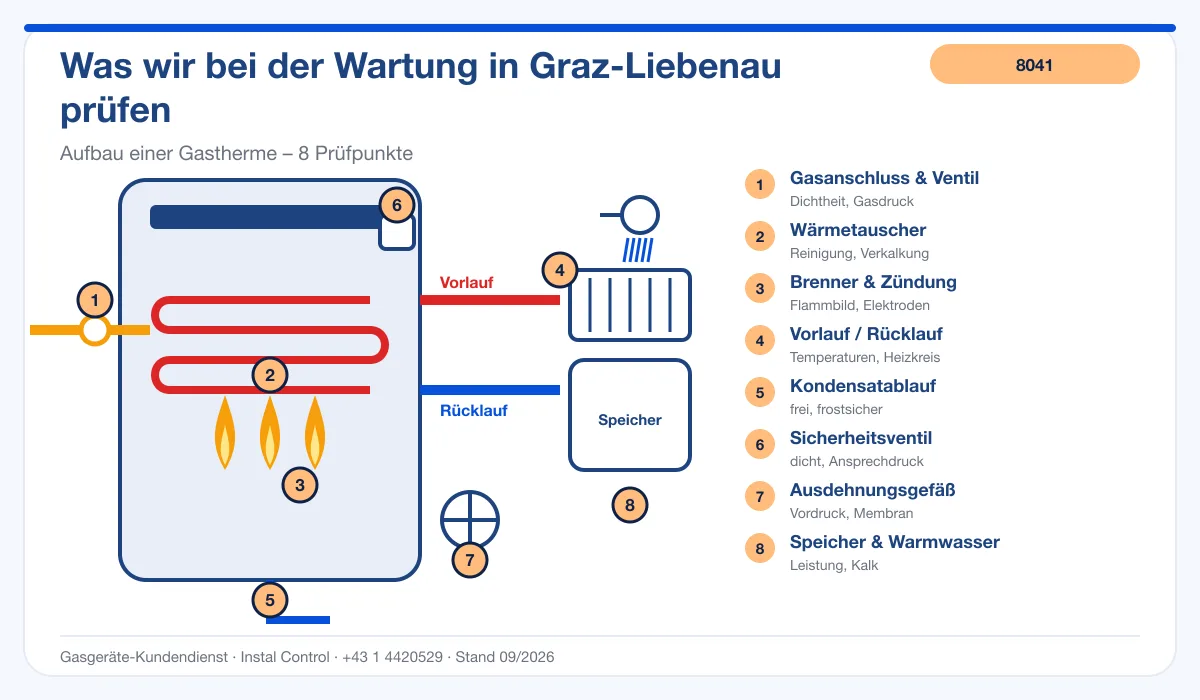 Infografik Thermenreparatur Graz Liebenau 8041: Aufbau einer Gastherme mit Prüfpunkten