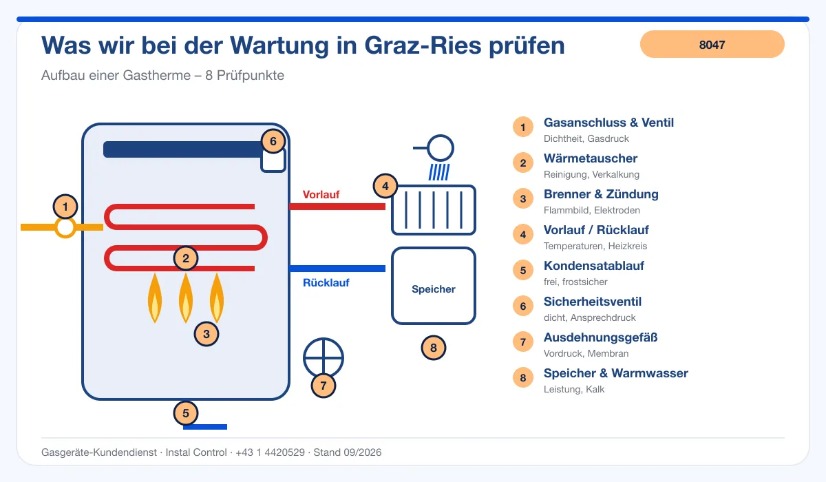 Infografik Thermenreparatur Graz Ries 8047: Aufbau einer Gastherme mit Prüfpunkten