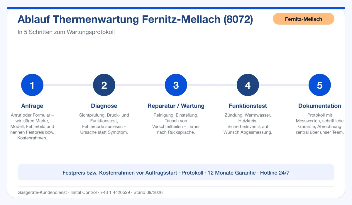 Infografik Ablauf Thermenwartung Fernitz-Mellach 8072: Anfrage bis Protokoll