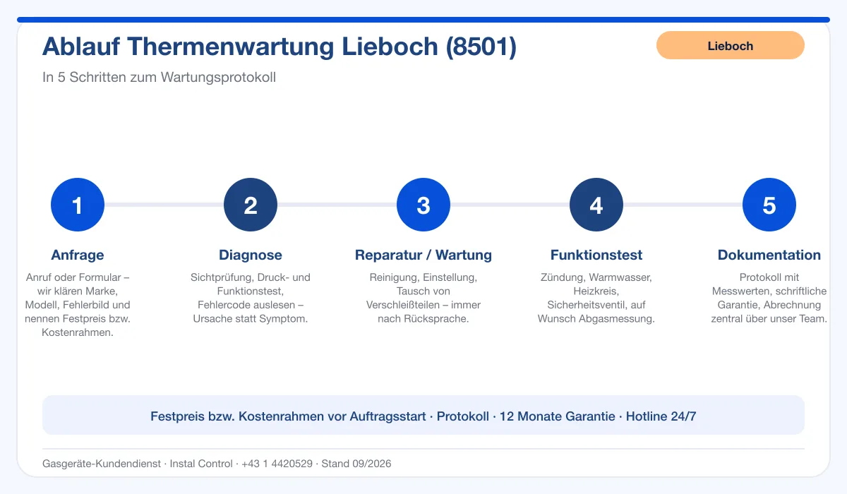 Infografik Ablauf Thermenwartung Lieboch 8501: Anfrage bis Protokoll