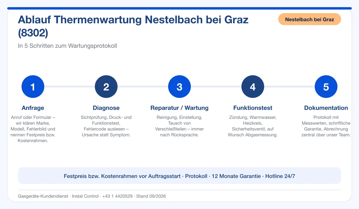 Infografik Ablauf Thermenwartung Nestelbach bei Graz 8302: Anfrage bis Protokoll
