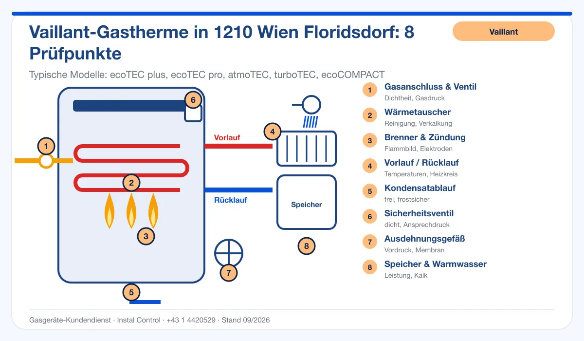 Infografik Vaillant Kundendienst 1210 Wien Floridsdorf: Aufbau einer Vaillant-Gastherme mit 8 Prüfpunkten