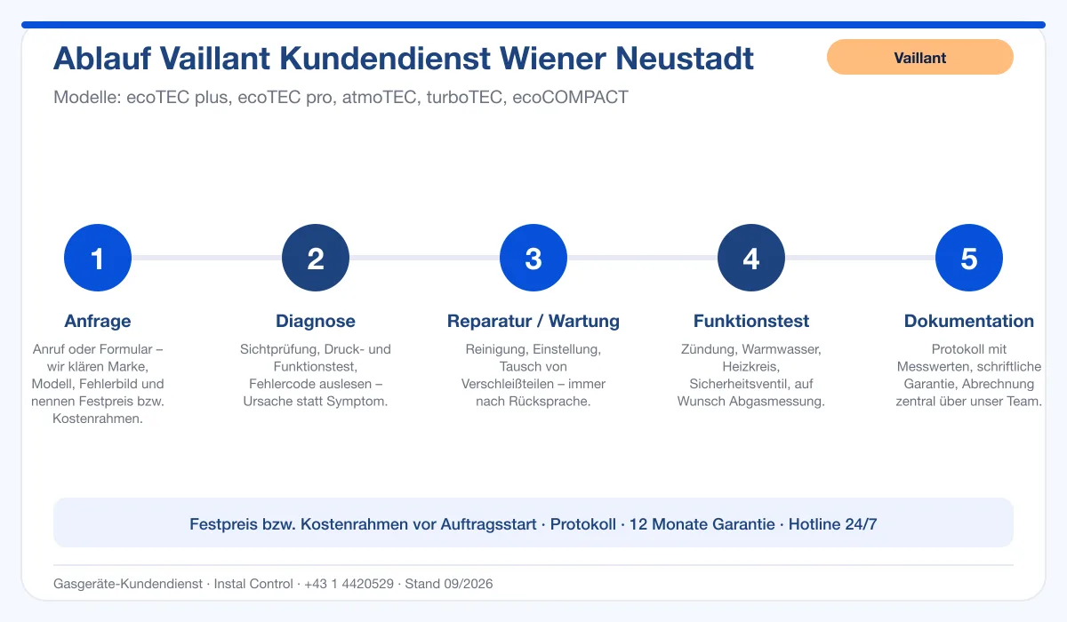 Infografik Ablauf Vaillant Kundendienst Wiener Neustadt: Anfrage, Diagnose, Service, Funktionstest, Protokoll