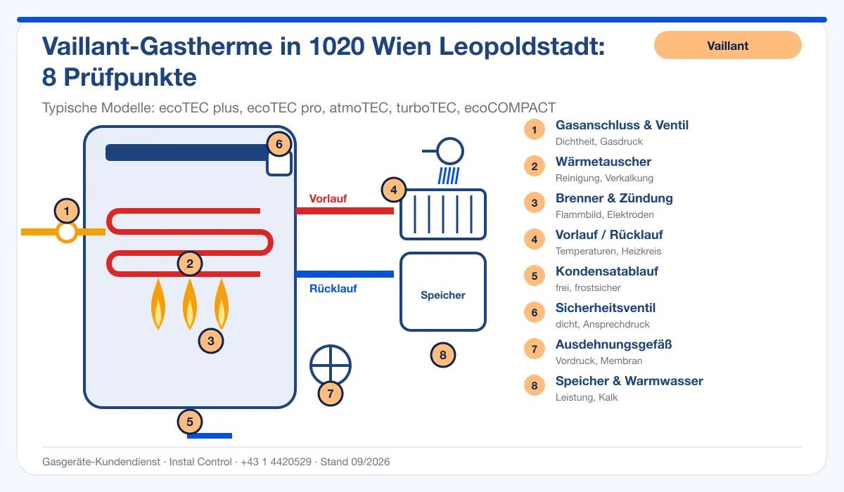 Infografik Vaillant Thermenreparatur 1020 Wien Leopoldstadt: Aufbau einer Vaillant-Gastherme mit 8 Prüfpunkten