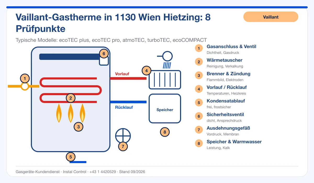 Infografik Vaillant Thermenreparatur 1130 Wien Hietzing: Aufbau einer Vaillant-Gastherme mit 8 Prüfpunkten