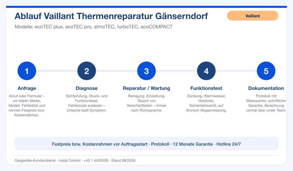 Infografik Ablauf Vaillant Thermenreparatur Gänserndorf: Anfrage, Diagnose, Service, Funktionstest, Protokoll
