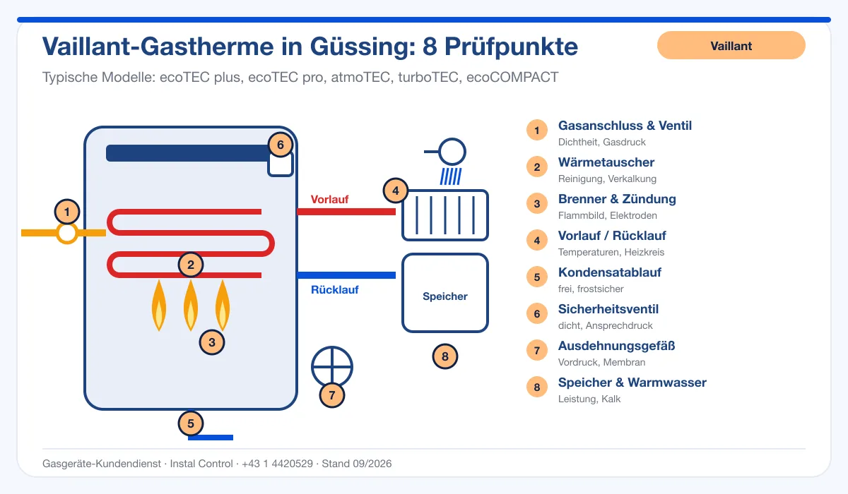 Infografik Vaillant Thermenreparatur Güssing: Aufbau einer Vaillant-Gastherme mit 8 Prüfpunkten