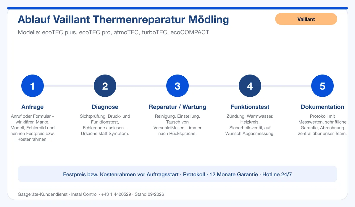 Infografik Ablauf Vaillant Thermenreparatur Mödling: Anfrage, Diagnose, Service, Funktionstest, Protokoll
