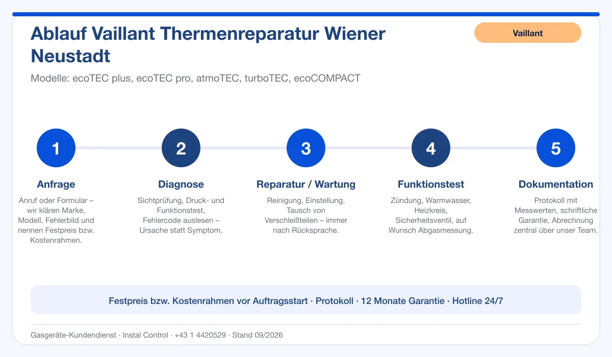 Infografik Ablauf Vaillant Thermenreparatur Wiener Neustadt: Anfrage, Diagnose, Service, Funktionstest, Protokoll