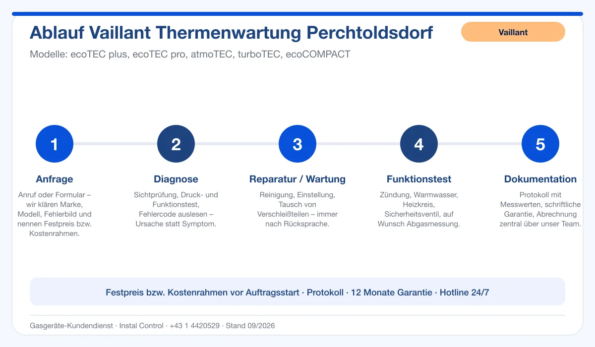 Infografik Ablauf Vaillant Thermenwartung Perchtoldsdorf: Anfrage, Diagnose, Service, Funktionstest, Protokoll